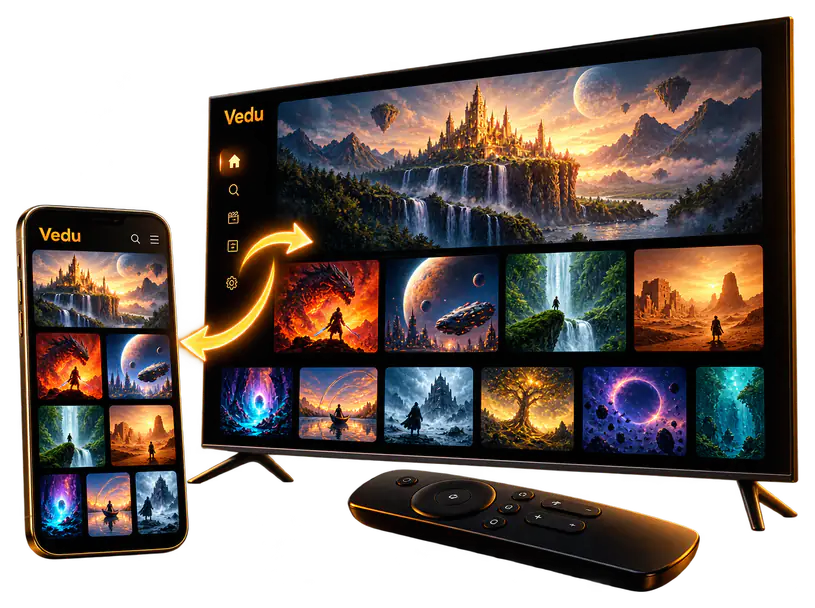 Android TV and Android phone showing Vedu